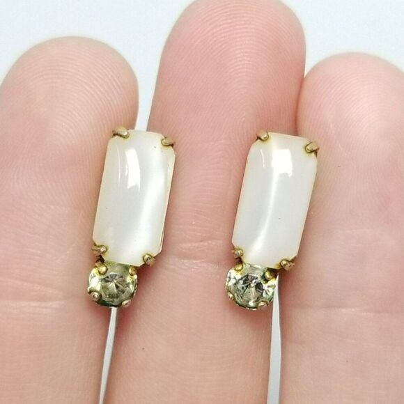 Vintage Sterling Silver Rectangle Rhinestone Clip On Screw Back Earrings, Gold - Picture 1 of 8